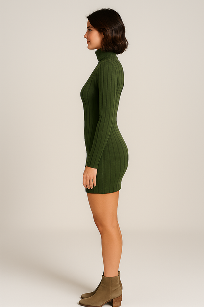 Kjole med høj hals og ribstruktur – grøn