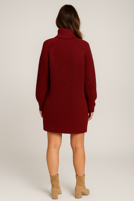 Ribstrikket Kjole med Høj Hals i rød