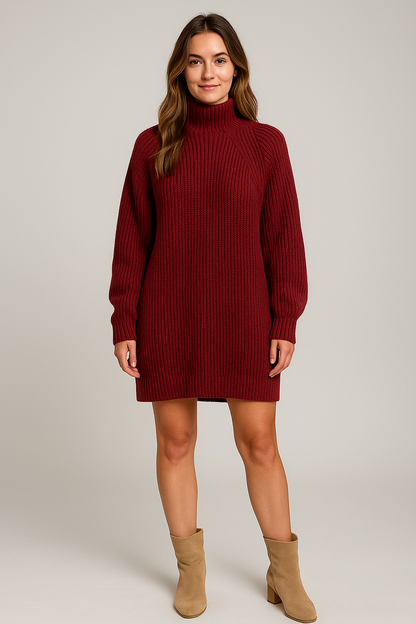 Ribstrikket Kjole med Høj Hals i rød