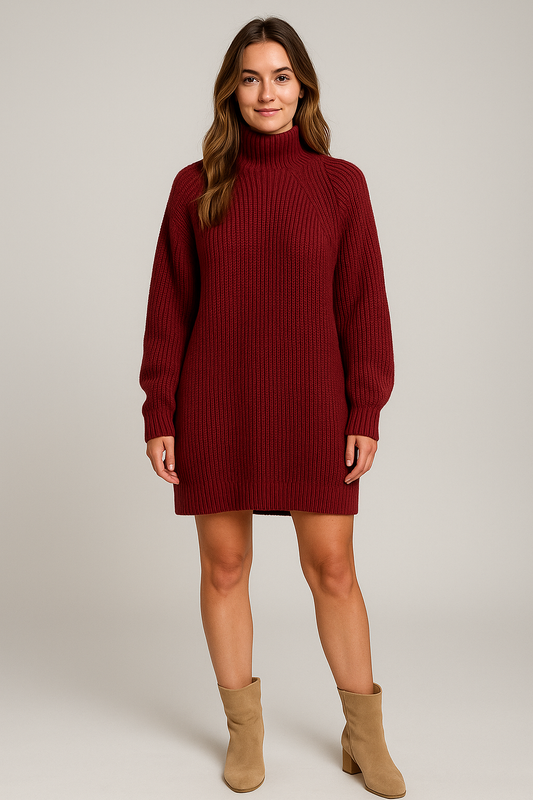 Ribstrikket Kjole med Høj Hals i rød