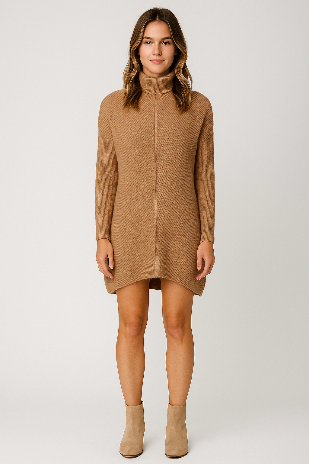 Strikkjole med høj hals i brun