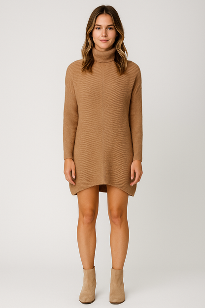 Strikkjole med høj hals i brun